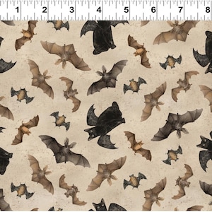 Gothic Halloween Digital Bats & Cats - Y4441-12 Khaki - by Clothworks - 100% Cotton Woven Fabric - Choose Your Cut