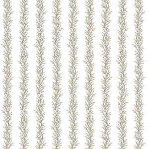 May include: A repeating pattern of vertical sprigs with small red berries on a white background. The sprigs are a muted green colour, creating a subtle, natural design. The pattern is evenly spaced and creates a sense of order.