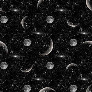 Puede incluir: Un patrón sin costuras que presenta un cielo nocturno oscuro lleno de numerosas estrellas blancas, lunas crecientes y lunas llenas. Las lunas tienen una superficie texturizada, y el diseño evoca un tema celestial.