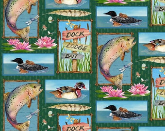 Dockside - Lake Motif Patchwork - # 9775-66 Green - by Henry Glass - Fish, Loons, Ducks - 100% Cotton Woven Fabric, Choose Your Cut