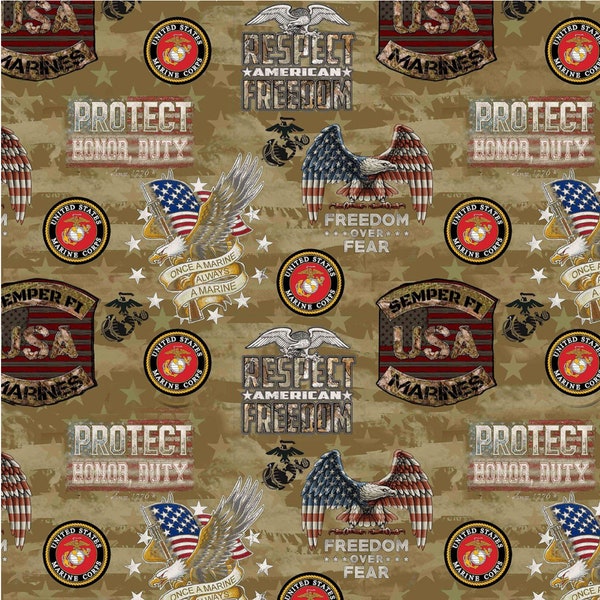 Marines Camo Flag Allover - #1338M - Sykel Military Print - 100% Cotton Woven Fabric - Choose Your Cut