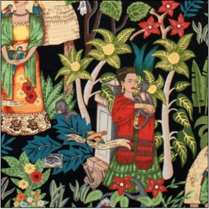 Frida&#39;s Garden - Black HEAVY OXFORD Canvas - # H6752BR - Alexander Henry - UPHOLSTERY Fabric - Black Background