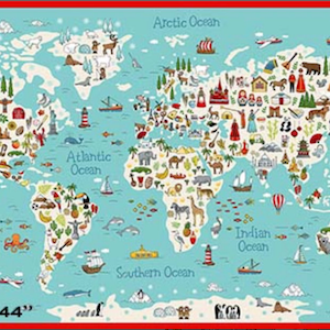 Mappa del mondo ABC - Pannello in tessuto da 2/3 iarde - 24" x 44" - #TP-2398-1 - di Andover - Tessuto in 100% cotone