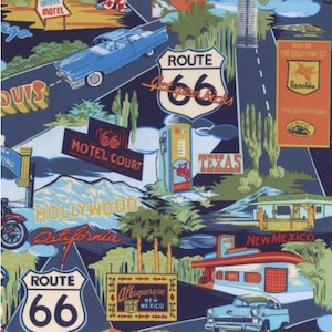 Hoffman Fabrics, Tropicals and Conversationals, Route 66, NAVY BACKGROUND, 100% Cotton Woven Fabric, Choose Your Cut