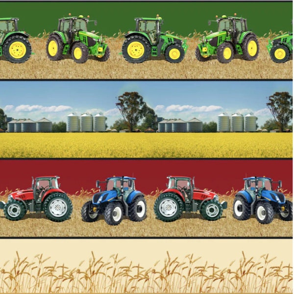 Farm Machines II - Repeating Border Stripe - # 1093E - Tractors, Wheat, Farm Scene - by Quiltex - 100% Cotton Woven Fabric - Choose Cut