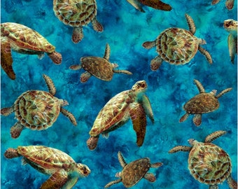 Tides of Color - Sea Turtles - #V5258-61-Turquoise - by Hoffman - 100% Cotton Woven Fabric - Choose Your Cut