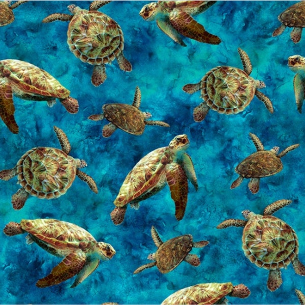 Tides of Color - Sea Turtles - #V5258-61-Turquoise - by Hoffman - 100% Cotton Woven Fabric - Choose Your Cut