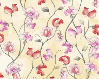 May include: A seamless pattern featuring delicate pink and red sweet pea flowers with green leaves on a light yellow background.
