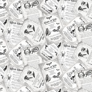 May include: A repeating pattern of vintage-style potion recipe cards, featuring illustrations of spiders, bats, owls, and potion bottles. The cards are in black and white, with decorative borders and handwritten text.