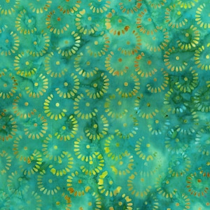 May include: Teal fabric with a repeating pattern of gold and green circles. The circles have a swirl design.