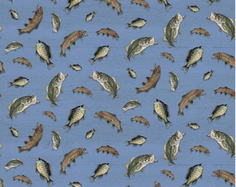 One Fat Quarter Left - At the Lake Fish - #C10552-BLUE - Riley Blake - Fabric for Fisherman - 100% Cotton Woven Fabric