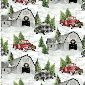Dreaming of a Farmhouse Christmas - #3W-20842-Grey - Scheunen und Laster im Schnee - von 3 Wishes Fabrics - 100% Baumwollgewebestoff