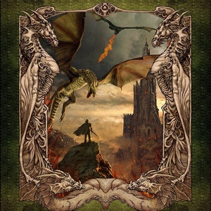 Dragons - The Ancients - In the Beginning Fabrics - #10DRG-1 - Knight, Dragons, Medieval Castle - 100% Cotton Woven Fabric - Full Yard Panel