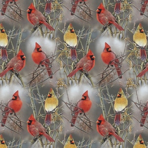 Winterkardinalen op kale takken - #AS-0079-2C - door David Textiles - 100% katoengeweven stof - Kies uw snit