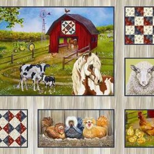 May include: A collage of images featuring farm animals, a red barn, and quilt blocks. The images include a sheep, a cow, a horse, a donkey, a rooster, and chickens. The quilt blocks are in red, white, and blue.