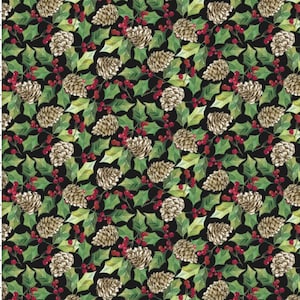 Dreaming of a Farmhouse Christmas - #3W-20845-Black - Holly and Pine Cones on Black - by 3 Wishes Fabrics - 100% Cotton Woven Fabric