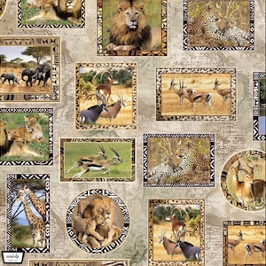 May include: A beige fabric with a repeating pattern of framed images of African wildlife. The images include lions, giraffes, leopards, gazelles, and elephants. The frames are decorated with a black and white geometric pattern.