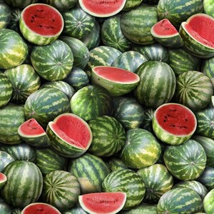 May include: A close-up image of a pile of watermelons. The watermelons are green with dark green stripes and some are cut open, revealing the red flesh.