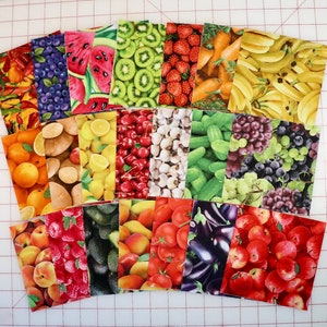 5, 6 1/2 or 10 Inch Squares - Food Festival - 42 Pieces - Two Pieces of 21 Foods - 100% Cotton Woven Fabrics - Choose size of squares
