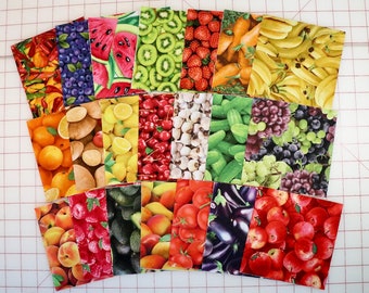 5, 6 1/2 or 10 Inch Squares - Food Festival - 42 Pieces - Two Repeats of 21 Foods - 100% Cotton Woven Fabrics - Choose size of squares