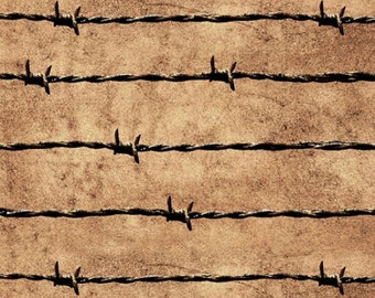 On the Range #V5319-A64-Antique-Tan - Barbed Wire - Western coordinate - by Hoffman - 100% Cotton Woven Fabric - Choose Cut