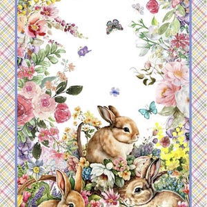 Puede incluir: Ilustración en acuarela con tres conejos marrones entre flores coloridas y mariposas. El arreglo floral incluye rosas, margaritas y otras flores en tonos rosa, morado y amarillo. La imagen tiene un borde a cuadros.