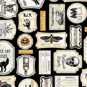 May include: A black background with various vintage-style labels featuring Halloween themes. The labels have a cream background with black text and illustrations. Some of the labels include text such as "Zombie Repellent", "Toad Tongues", "Beetle Juice", "Snake Venom", "Unfiltered Poison", and "Haunted".
