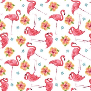 Pink Paradise - Small Tossed Flamingos - Pink on White Background - GLA-9867-18 - by Henry Glass - 100% Cotton Woven Fabric, Choose Your Cut