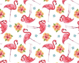 Pink Paradise - Small Tossed Flamingos - Pink on White Background - GLA-9867-18 - by Henry Glass - 100% Cotton Woven Fabric, Choose Your Cut