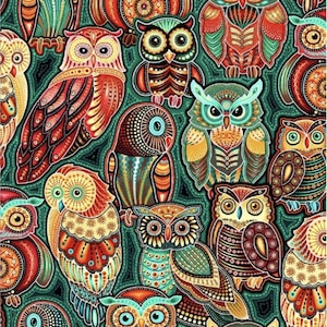 May include: A colorful pattern featuring numerous stylized owls in various poses. The owls are depicted with intricate details and patterns, using a palette of red, orange, teal, and yellow against a dark teal background. The artwork has a folk art style.