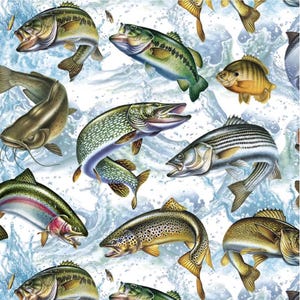 May include: A repeating pattern featuring illustrations of various fish, such as bass, trout, and pike, set against a backdrop of blue water and splashes. The fish are depicted in vibrant colours and detailed scales.