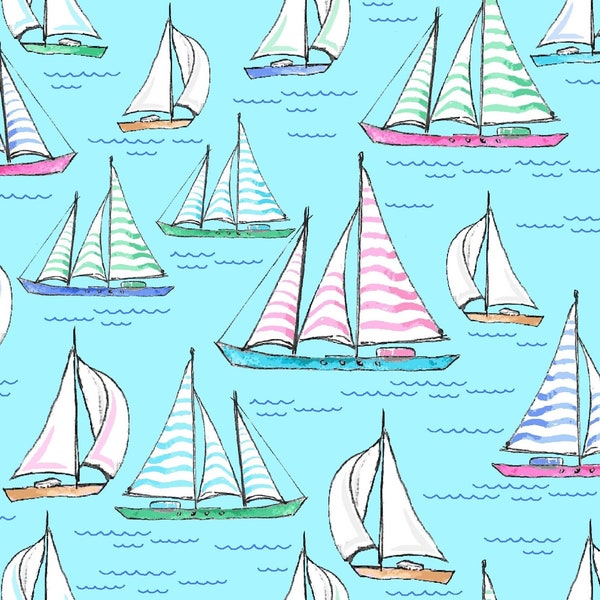 Surfside - #D5-B Blue - Sailboats - by Freckle & Lollie - 100% Cotton Woven Fabric - Choose Your Cut