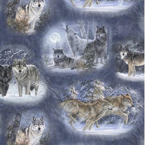 May include: A fabric pattern showing multiple images of wolves in a snowy forest. The wolves are in different poses, such as standing, howling at the moon, and running. The colour scheme includes shades of grey, brown, and white.