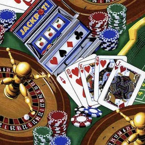 May include: A green felt casino table with a roulette wheel, a slot machine, playing cards, and stacks of poker chips. The slot machine has the word "JACKPOT!" on it. The roulette wheel has numbers 1 to 36 and 0.