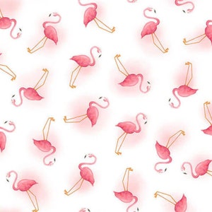 Let&#39;s Flamingle! -Mini Flamingo - 1272-01 White - Blank Quilting - Flamingos 1.75 inches Tall - 100% Cotton Woven Fabric