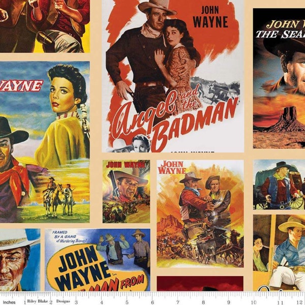 John Wayne Movie Posters, Tan Background, by Riley Blake, 100% Cotton Woven Fabric, Choose Your Cut