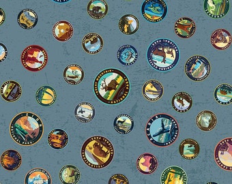 National Parks Emblems Blue - #CD13292 - by Riley Blake, 100% Cotton Woven Fabric, Choose Your Cut
