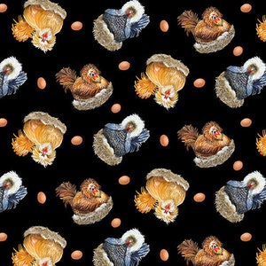 May include: A black background with a repeating pattern of chickens in nests. The chickens are white, brown, and yellow with fluffy feathers. There are also small brown eggs scattered throughout the pattern.
