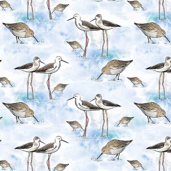 Ocean Blue Sand Pipers - # CD1305 WHITE - by Timeless Treasures - Water Birds - 100% Cotton Woven Fabric - Choose Your Cut