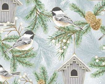 Home Sweet Home - Winter Chickadees - Pattern # T7754-D7G-DUSTY BLUE-Gold - by Hoffman Fabrics - 100% Cotton Woven Fabric - Choose Cut