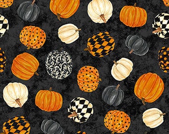 Black Cat Capers - Tossed Pumpkins on Black - Pattern # 24117-99 - by Northcott - 100% Cotton Woven Fabric, Choose Your Cut