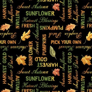 Harvest Gold - #1077 89269 978 - Fall Words on Black - by Wilmington Prints - 100% Cotton Woven Fabric - Choose Cut