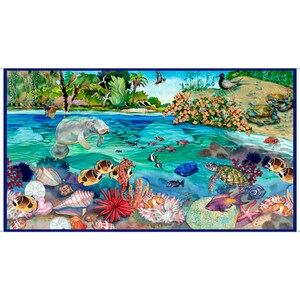 May include: A colourful underwater scene featuring a manatee, sea turtles, fish, and coral reefs. The scene is painted in a whimsical style with bright colours and details.