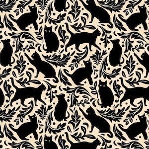 REMNANT 14 Inches - Hallow&#39;s Eve - Cat Damask - Cream / Black - Pattern #27088-12 - by Northcott - 100% Cotton Woven Fabric