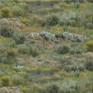 May include: A seamless pattern of a field of sagebrush and grasses in shades of green, yellow, and brown. The image shows a variety of textures and plant shapes, creating a natural, earthy aesthetic.