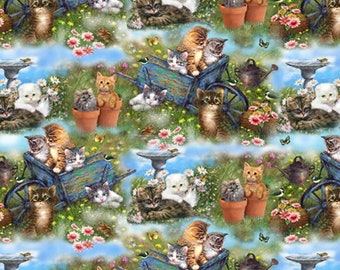 Kittens in the Garden - Kittens in a Barrow - # 9992-66 Sage and Blue - by Henry Glass - 100% Cotton Woven Fabric - Choose Your Cut