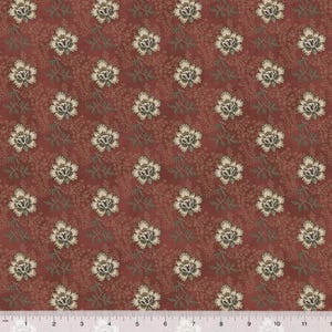 May include: A red fabric with a repeating pattern of white flowers. The flowers have a simple, stylized design.