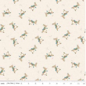 May include: A white fabric with a repeating pattern of Peter Rabbit in a blue jacket and brown pants holding a carrot. The fabric is cream colored with a subtle texture.