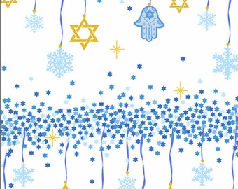May include: A white background with a blue and gold pattern. The pattern includes snowflakes, stars, and Star of David symbols. Some of the Star of David symbols are hanging from blue strings.