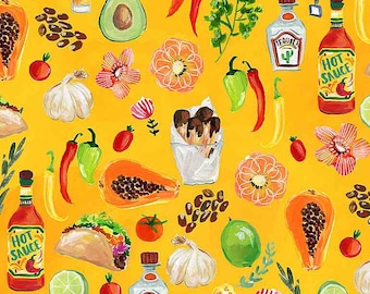 Hora de tacos - por Dear Stella - # DAW1501 - Comidas mexicanas favoritas - Tela tejida 100% algodón - Precio según el tamaño de corte elegido